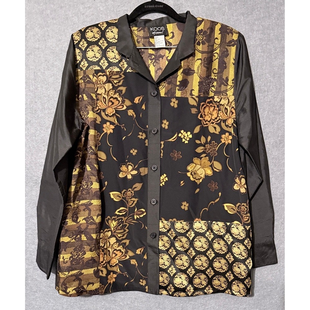 Koos of Course Silk Blouse M Black Gold Patchwork Floral Brocade Art Deco Baroqu